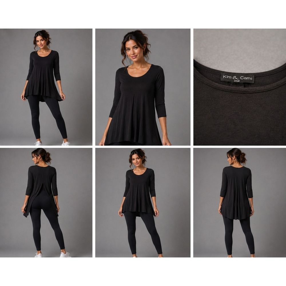 Kim‎ & Cami Tunic Top Women Small Black 3/4 Sleeve High Low Sheer Back Split Hem